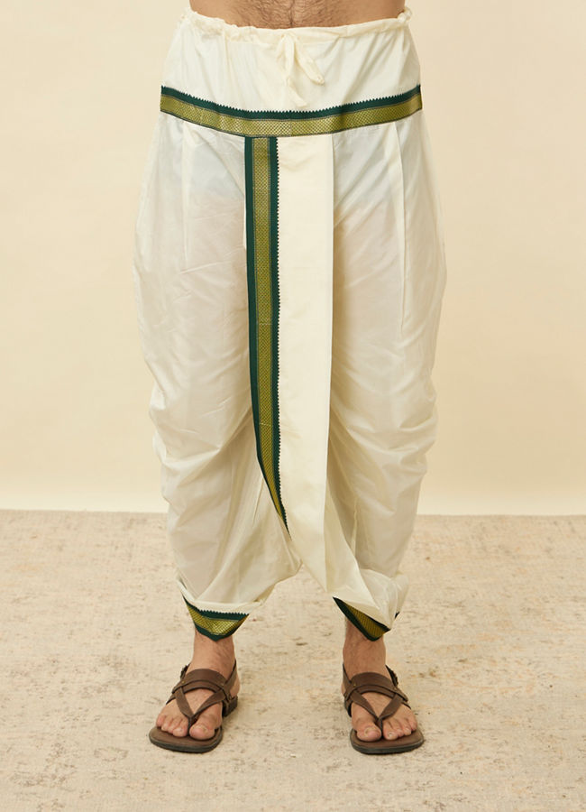 alt message - Manyavar Men Forest Green and Cream Zari Detailed Traditional South Indian Dhoti Set image number 4