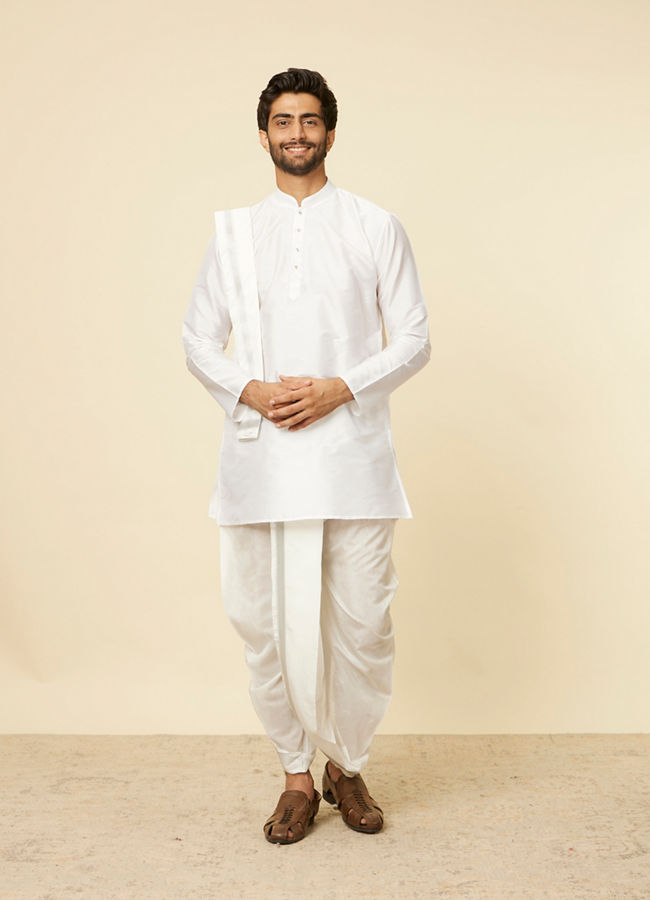 Manyavar Men Soft White Zari Detailed Traditional South Indian Dhoti Set