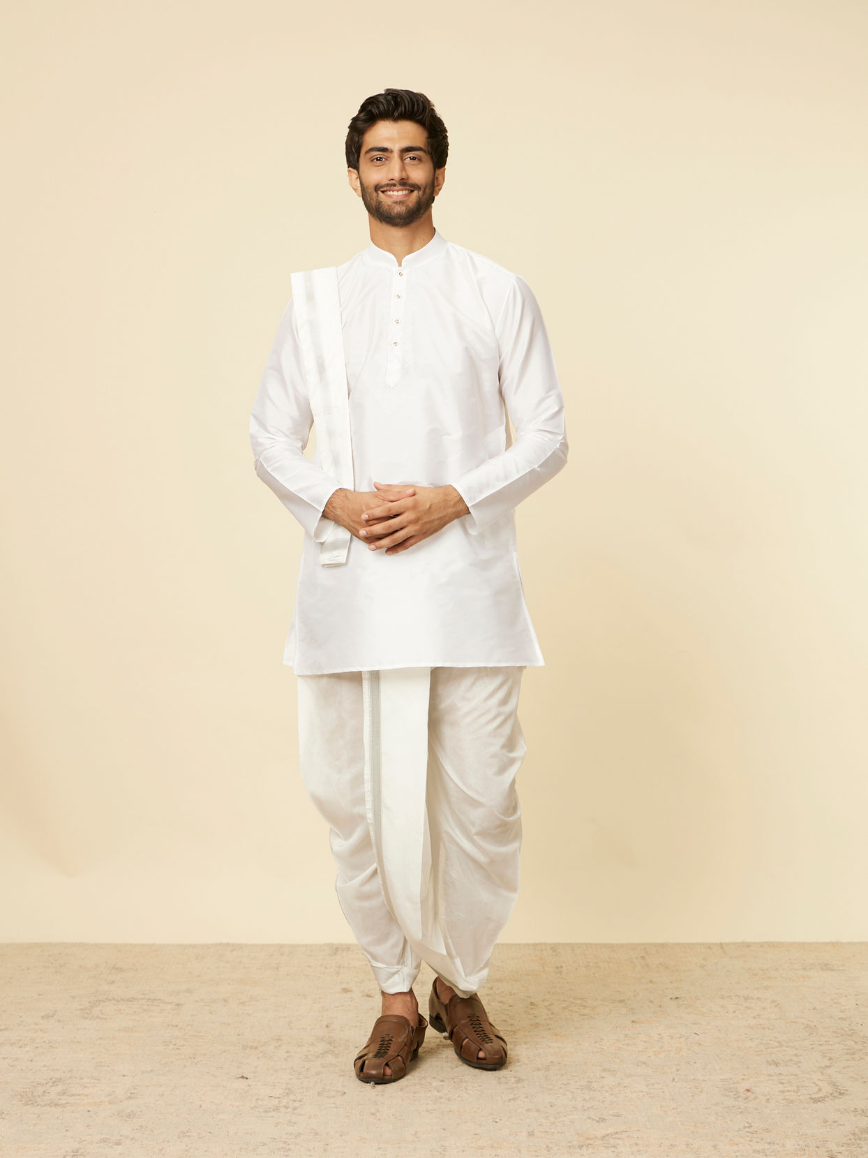 Soft White Zari Detailed Traditional South Indian Dhoti Set image number 2