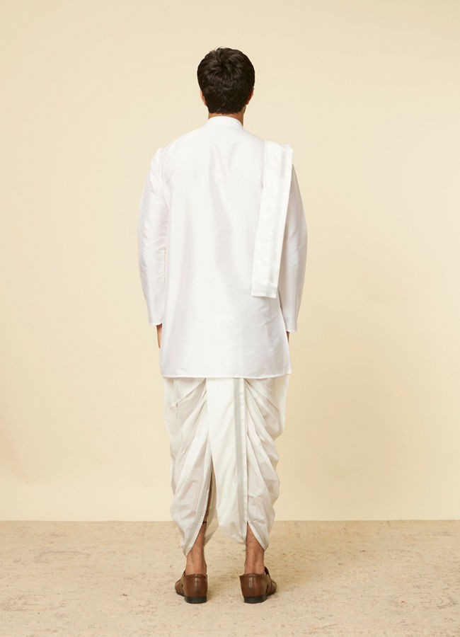 Manyavar Men Soft White Zari Detailed Traditional South Indian Dhoti Set