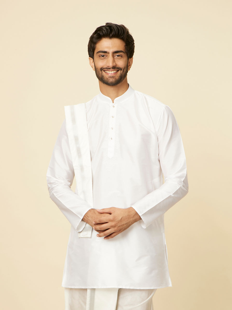 Manyavar Men Soft White Zari Detailed Traditional South Indian Dhoti Set