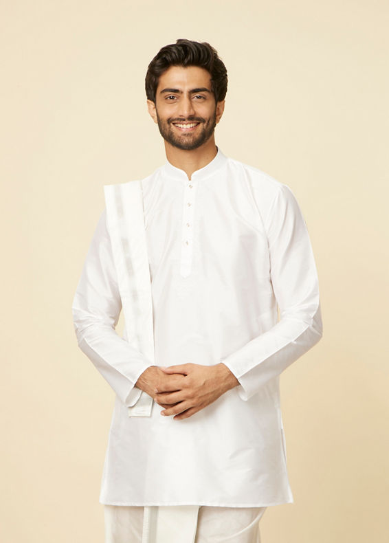 Manyavar Men Soft White Zari Detailed Traditional South Indian Dhoti Set