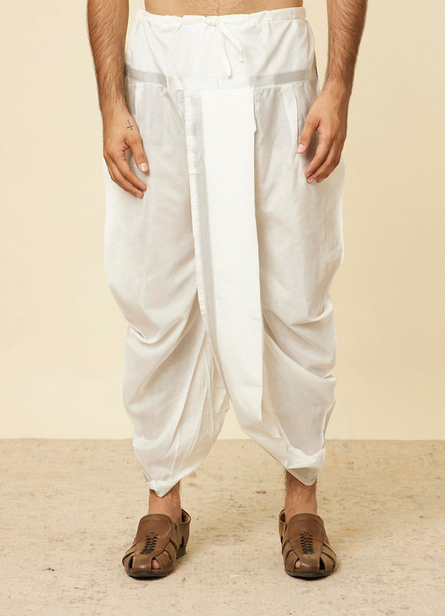 Manyavar Men Soft White Zari Detailed Traditional South Indian Dhoti Set