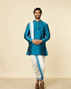 Manyavar Men Teal Blue and Cream Zari Detailed Traditional South Indian Dhoti Set image number 2