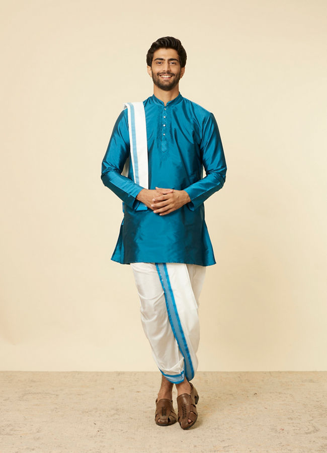 Manyavar Men Teal Blue and Cream Zari Detailed Traditional South Indian Dhoti Set