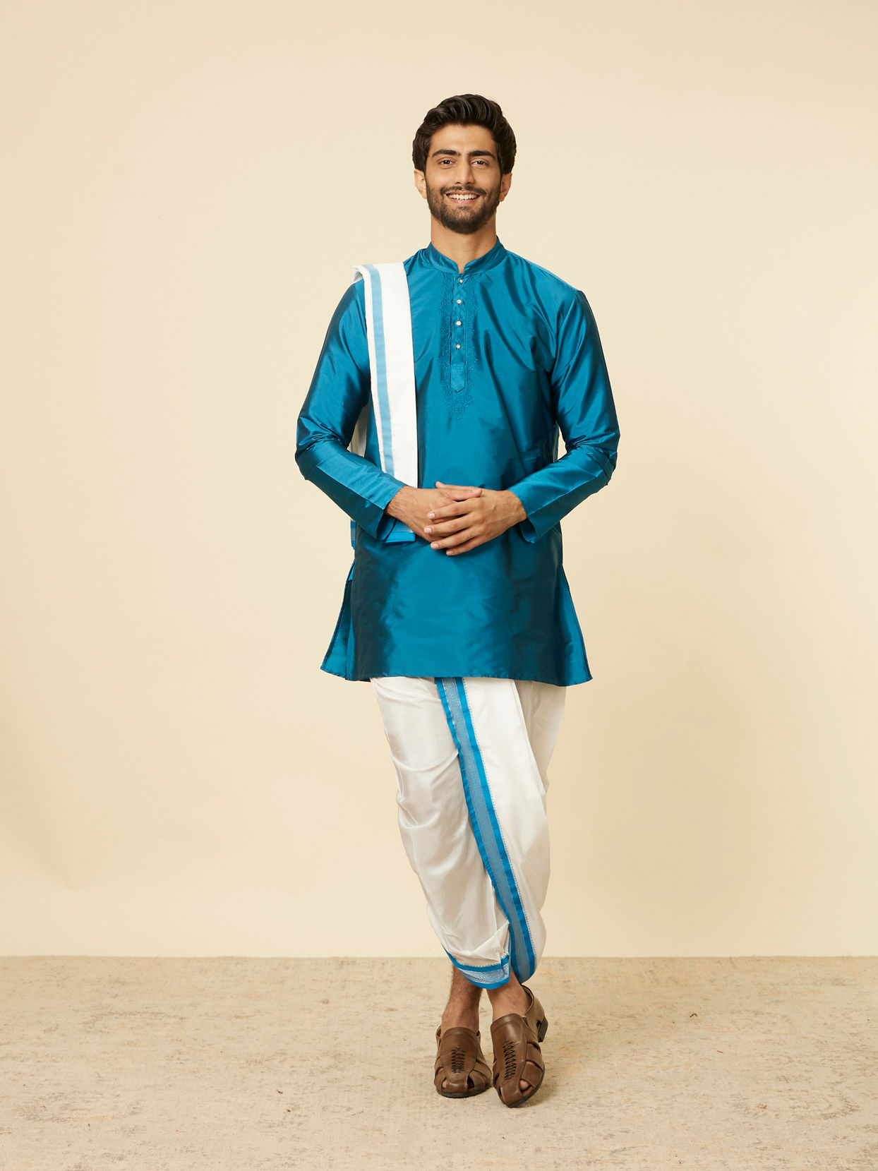 Manyavar Men Teal Blue and Cream Zari Detailed Traditional South Indian Dhoti Set