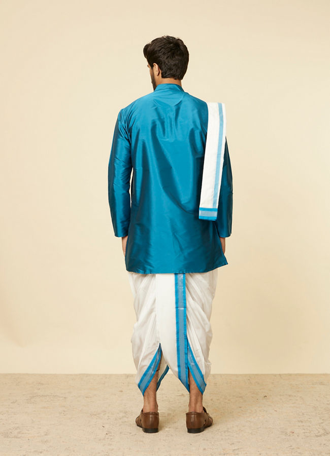 Manyavar Men Teal Blue and Cream Zari Detailed Traditional South Indian Dhoti Set image number 4