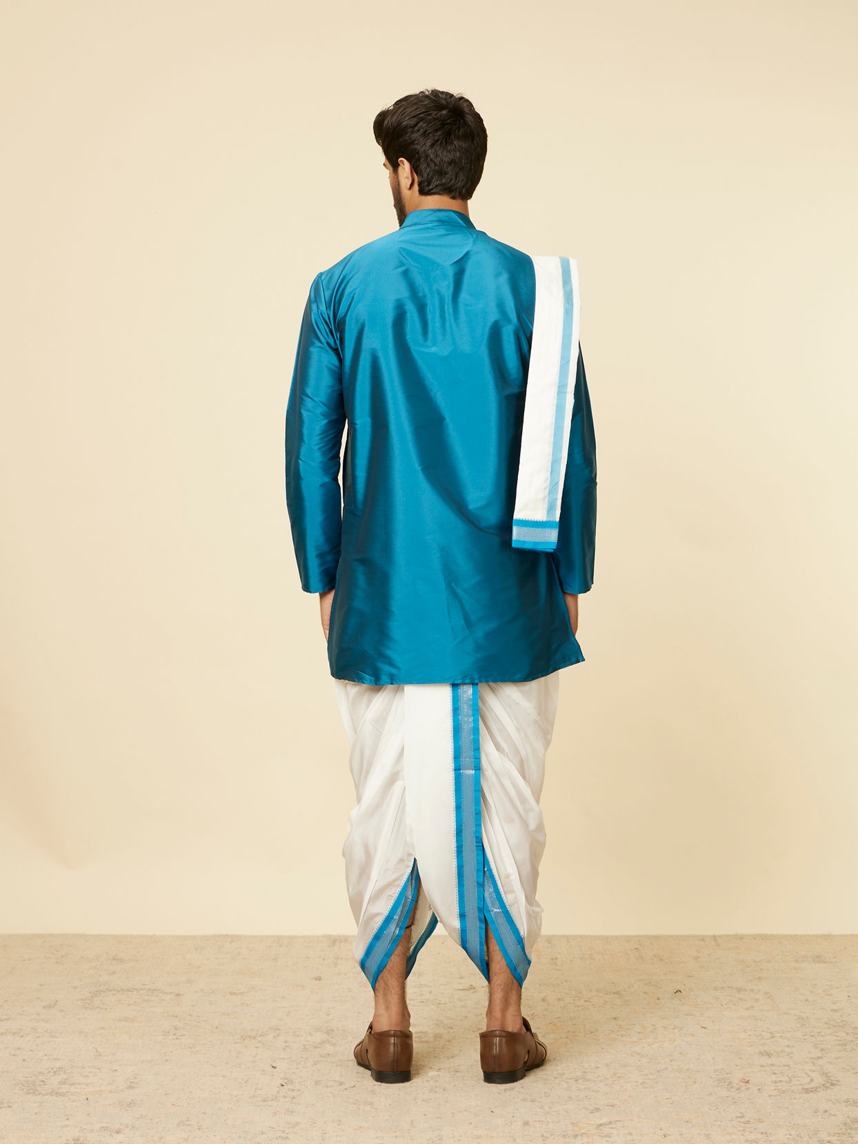 Manyavar Men Teal Blue and Cream Zari Detailed Traditional South Indian Dhoti Set