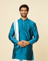Manyavar Men Teal Blue and Cream Zari Detailed Traditional South Indian Dhoti Set