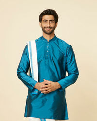 Manyavar Men Teal Blue and Cream Zari Detailed Traditional South Indian Dhoti Set