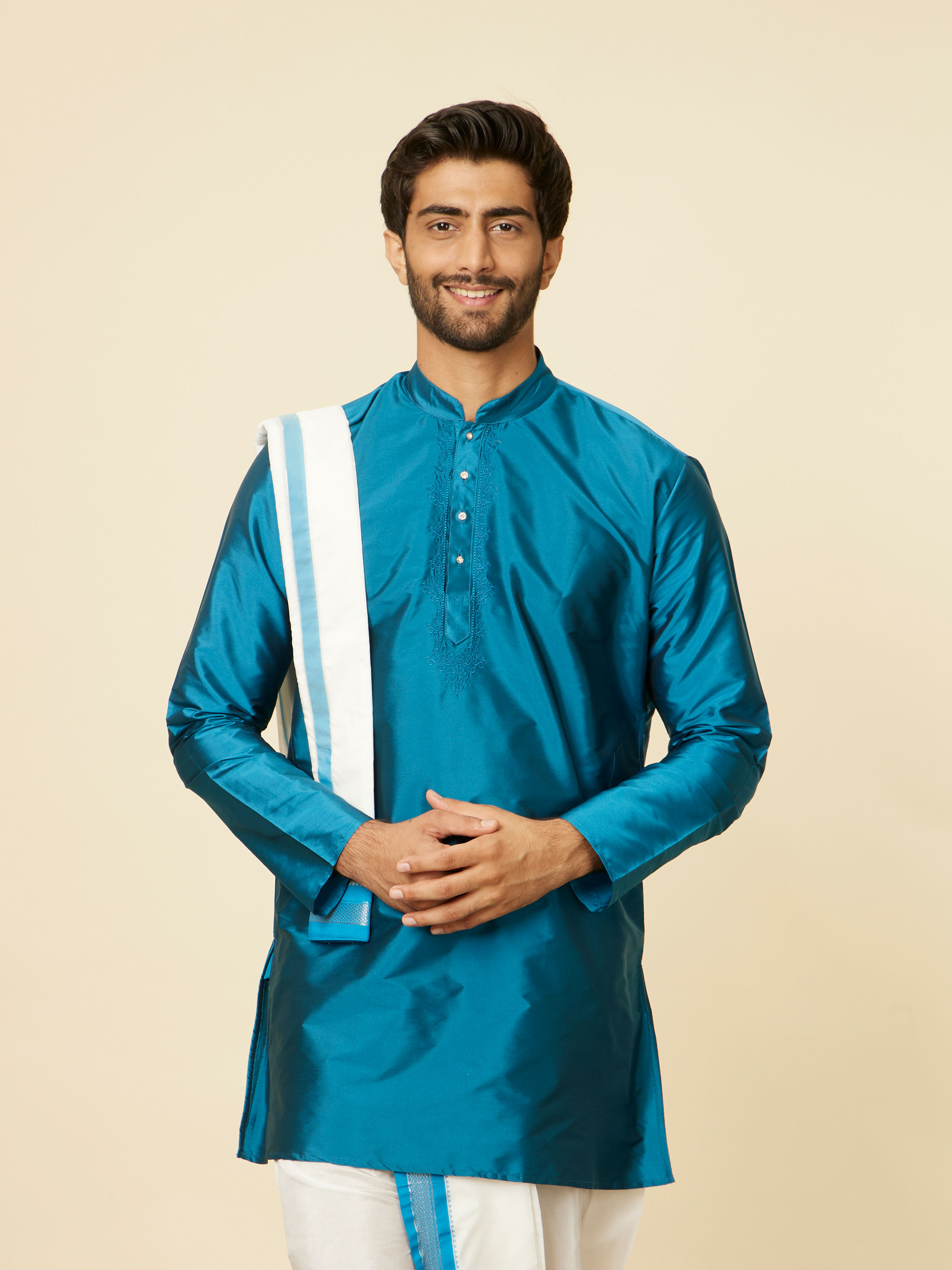 Manyavar Men Teal Blue and Cream Zari Detailed Traditional South Indian Dhoti Set