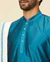 Manyavar Men Teal Blue and Cream Zari Detailed Traditional South Indian Dhoti Set image number 1