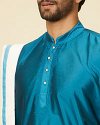 Manyavar Men Teal Blue and Cream Zari Detailed Traditional South Indian Dhoti Set