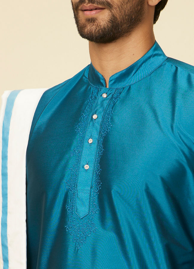 Manyavar Men Teal Blue and Cream Zari Detailed Traditional South Indian Dhoti Set image number 1