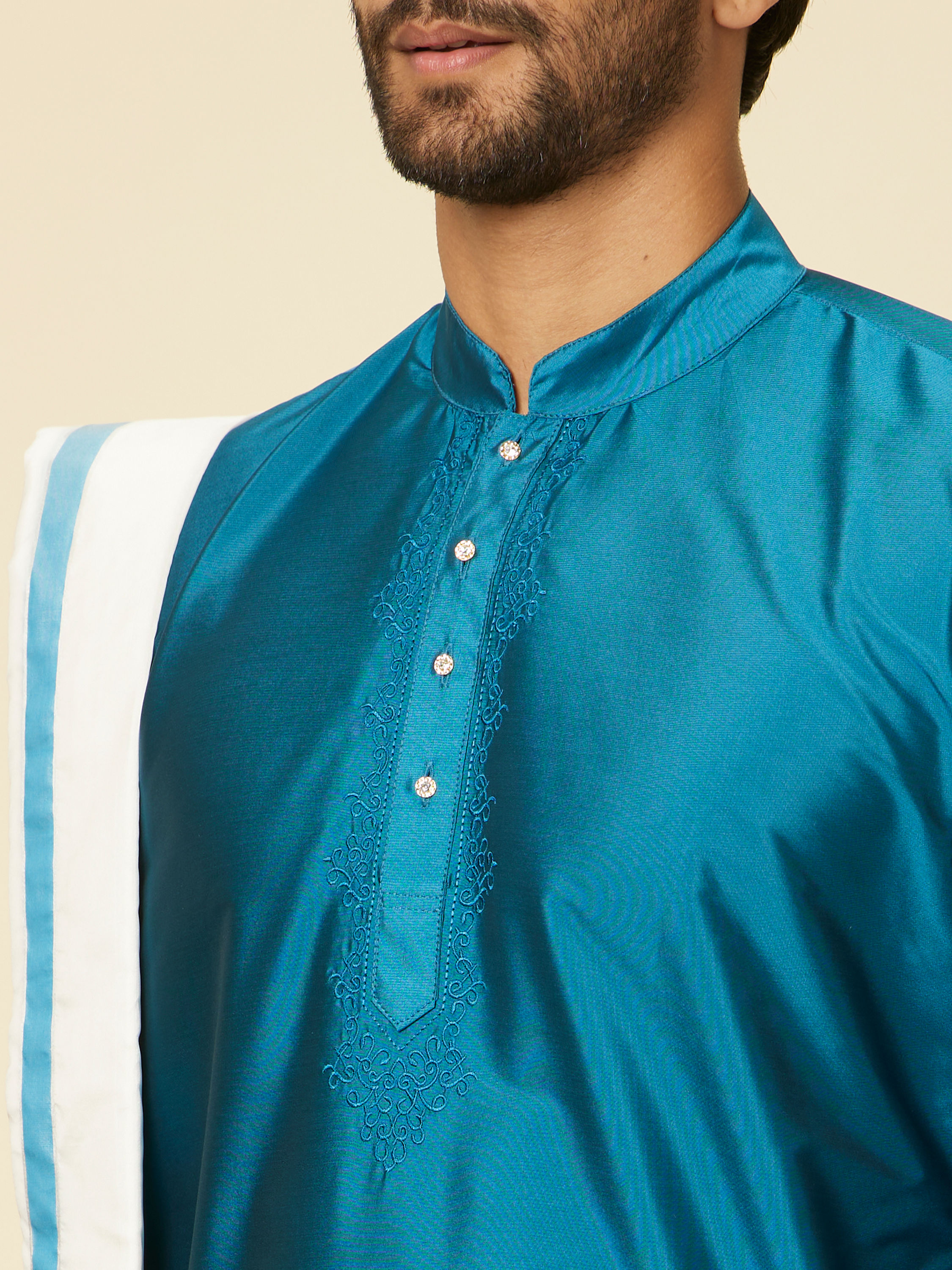 Manyavar Men Teal Blue and Cream Zari Detailed Traditional South Indian Dhoti Set