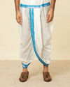 Manyavar Men Teal Blue and Cream Zari Detailed Traditional South Indian Dhoti Set image number 3