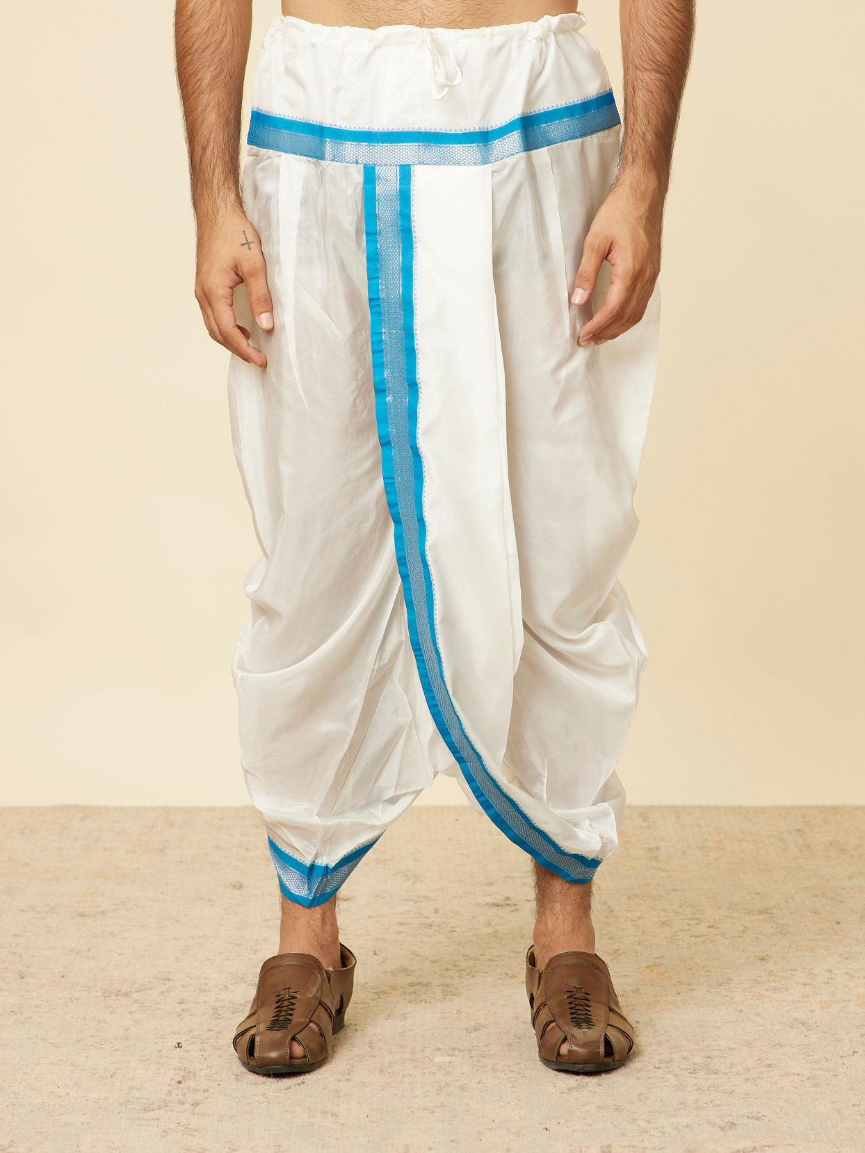 Manyavar Men Teal Blue and Cream Zari Detailed Traditional South Indian Dhoti Set