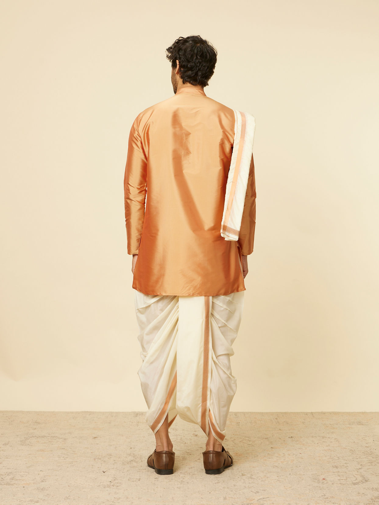 Golden Fawn Zari Bordered Traditional South Indian Dhoti Set image number 5