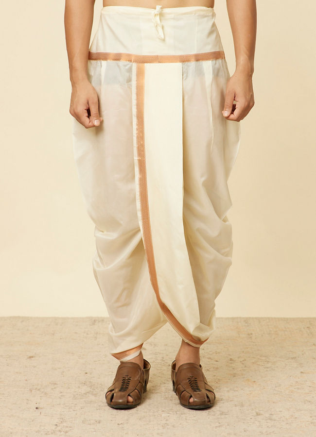 Golden Fawn Zari Bordered Traditional South Indian Dhoti Set image number 4