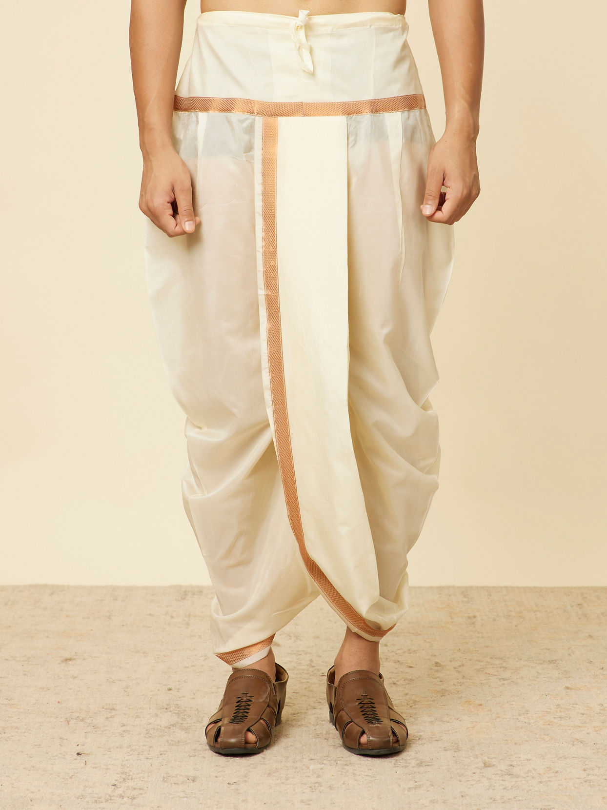 Golden Fawn Zari Bordered Traditional South Indian Dhoti Set image number 4
