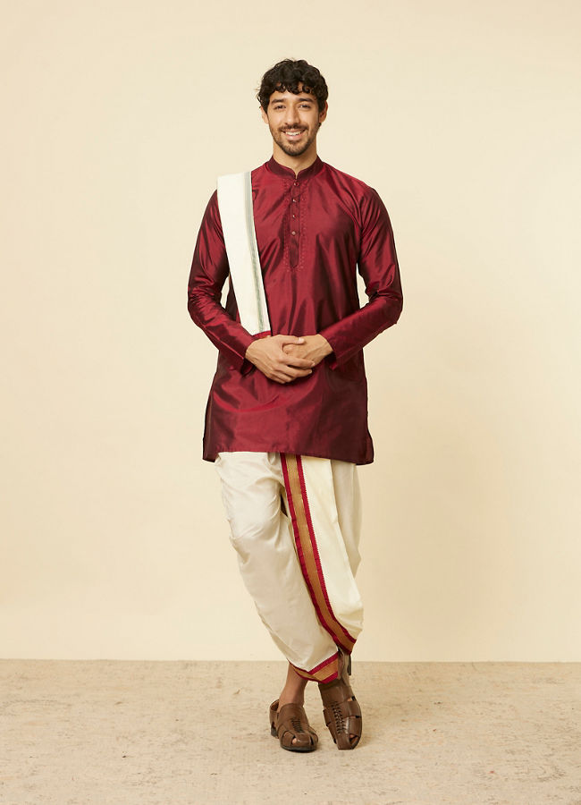 Manyavar Men Maroon Zari Bordered Traditional South Indian Dhoti Set