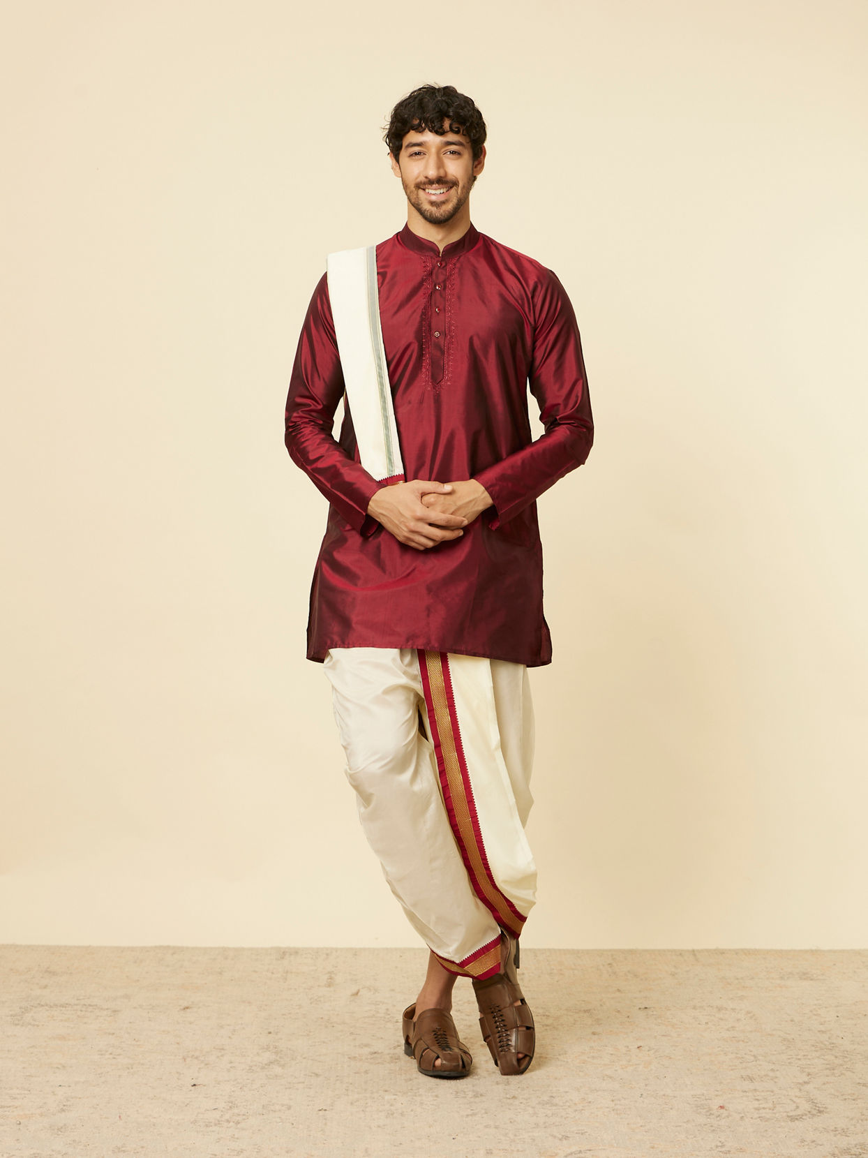 Maroon Zari Bordered Traditional South Indian Dhoti Set image number 2