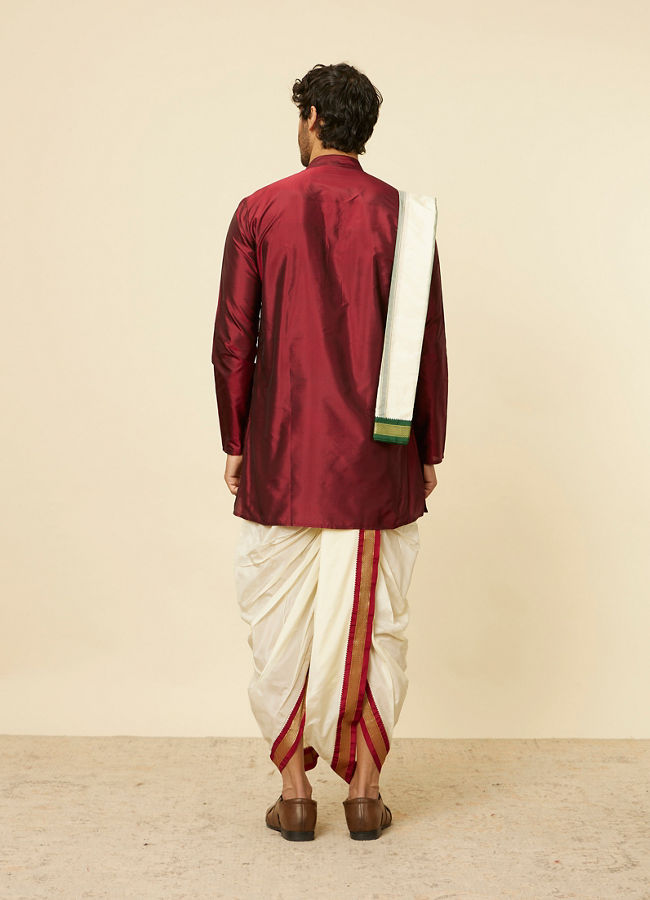 Manyavar Men Maroon Zari Bordered Traditional South Indian Dhoti Set