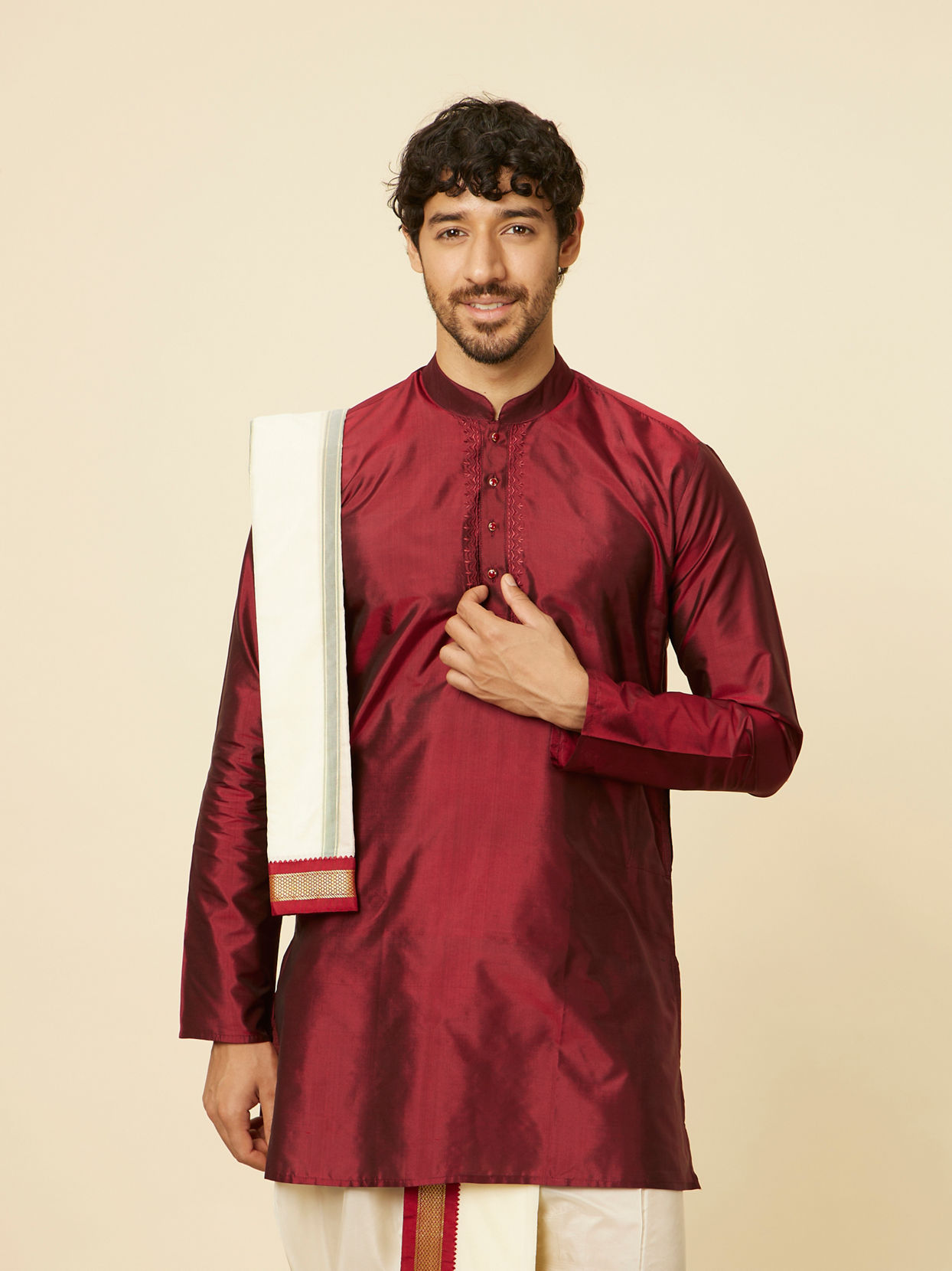 Manyavar Men Maroon Zari Bordered Traditional South Indian Dhoti Set