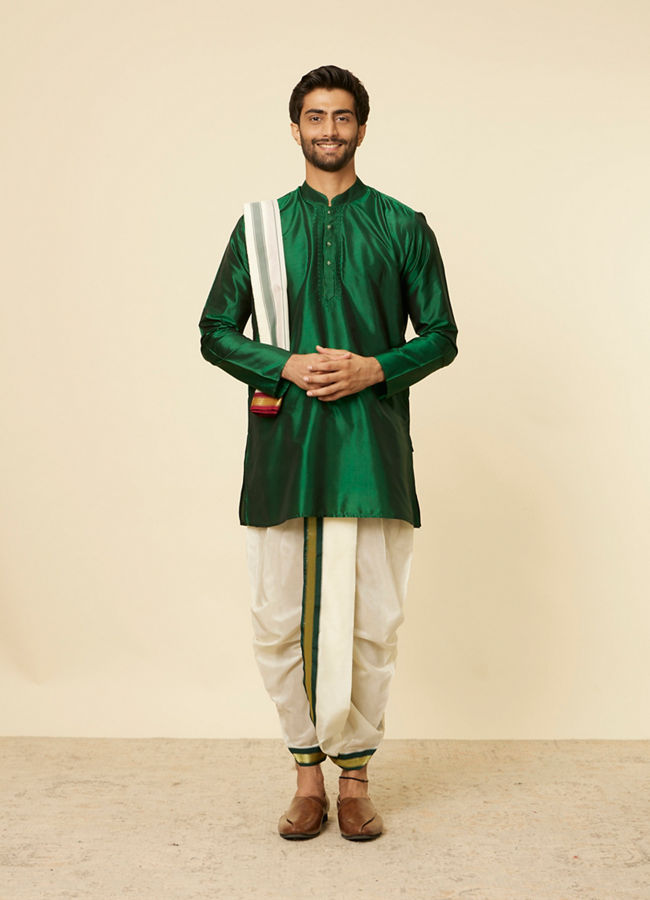 Manyavar Men Dark Green and Cream Zari Traditional South Indian Dhoti Set image number 2