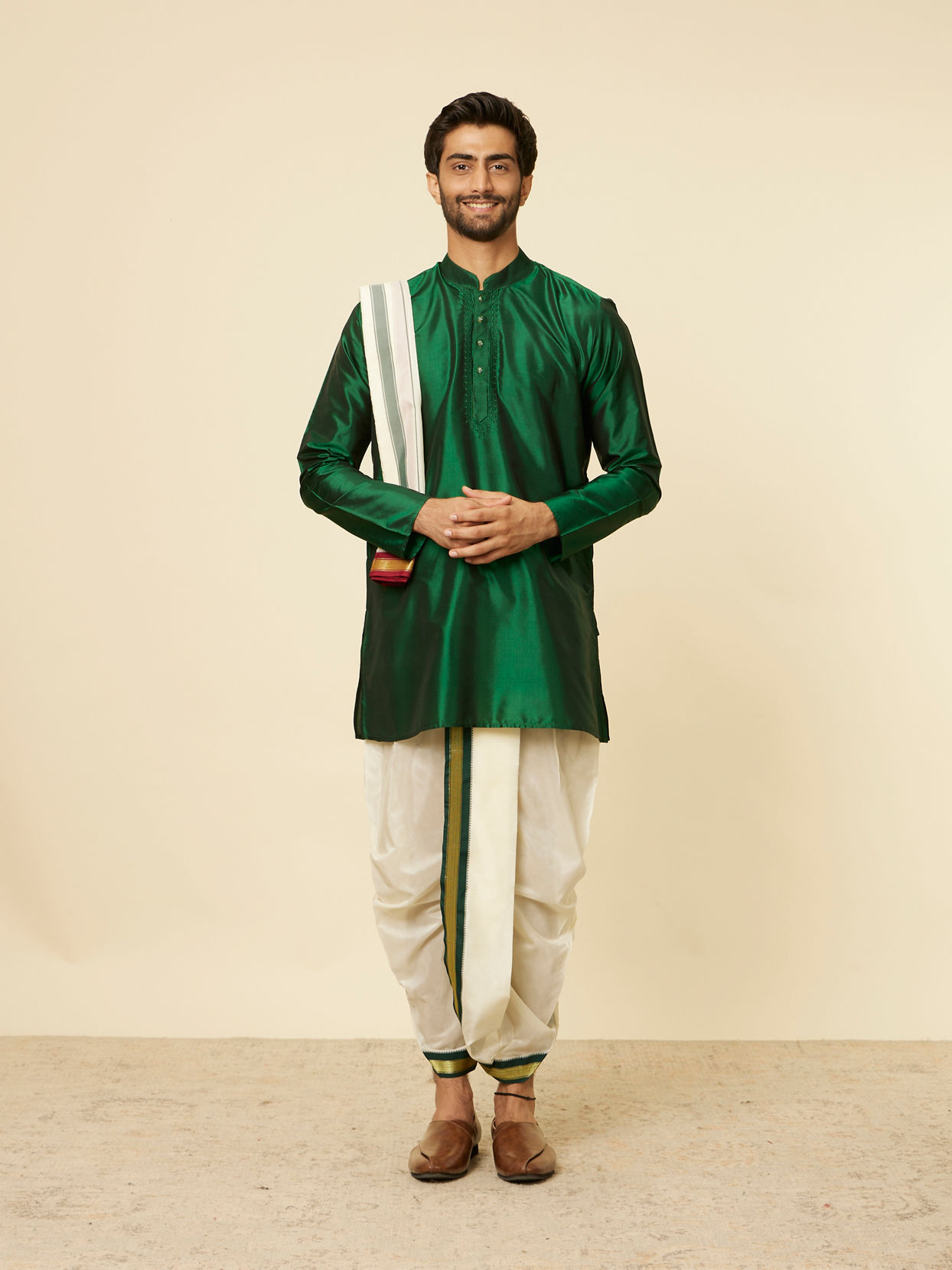 Manyavar Men Dark Green and Cream Zari Traditional South Indian Dhoti Set