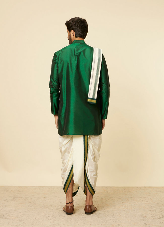 Manyavar Men Dark Green and Cream Zari Traditional South Indian Dhoti Set