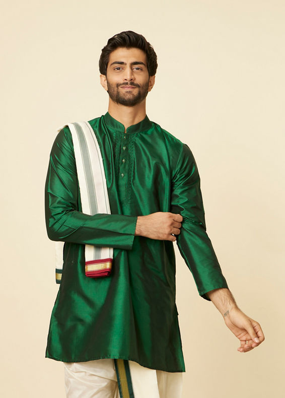 Manyavar Men Dark Green and Cream Zari Traditional South Indian Dhoti Set