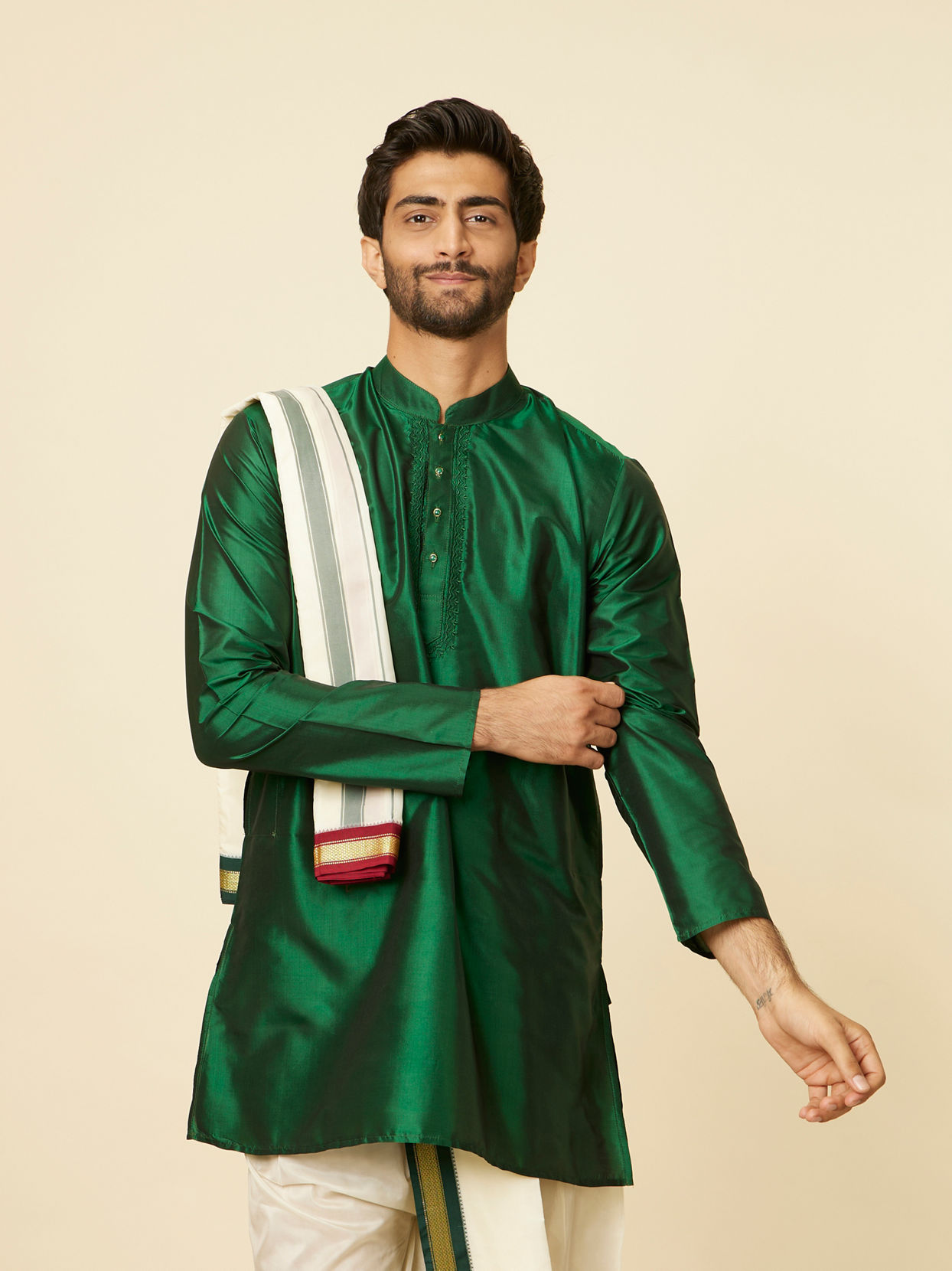 Manyavar Men Dark Green and Cream Zari Traditional South Indian Dhoti Set image number 0