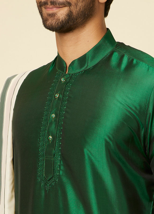 Manyavar Men Dark Green and Cream Zari Traditional South Indian Dhoti Set image number 1