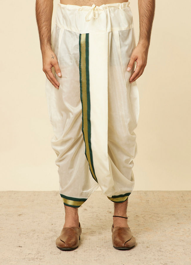 Manyavar Men Dark Green and Cream Zari Traditional South Indian Dhoti Set image number 4