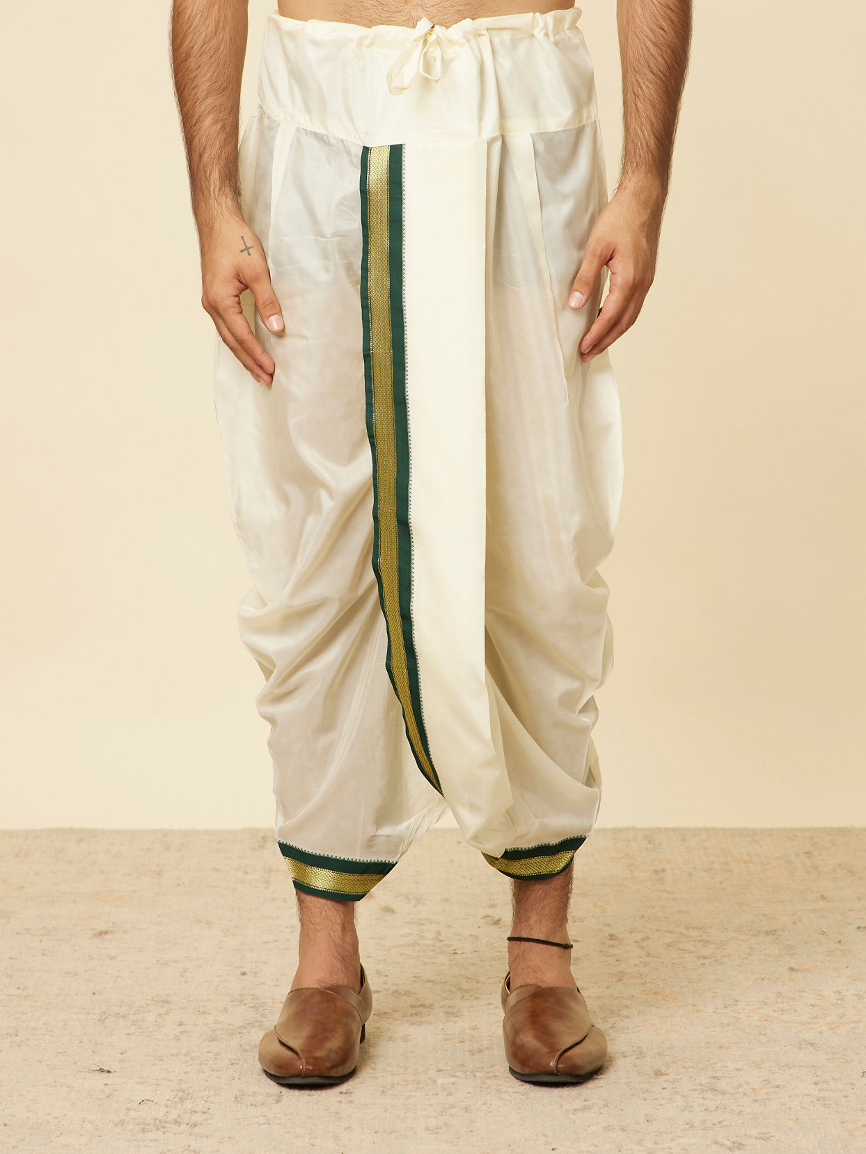 Manyavar Men Dark Green and Cream Zari Traditional South Indian Dhoti Set