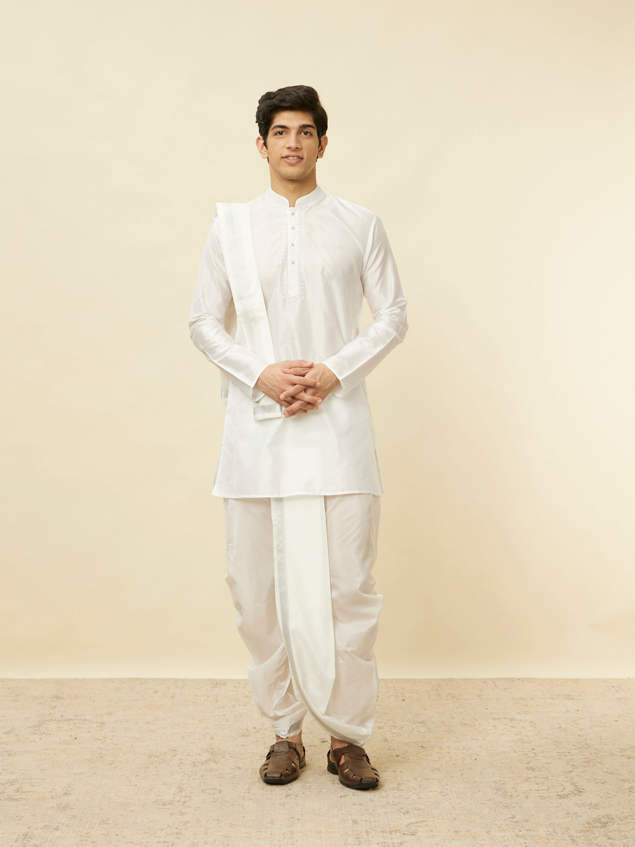 Manyavar Men Warm White Zari Detailed Traditional South Indian Dhoti Set