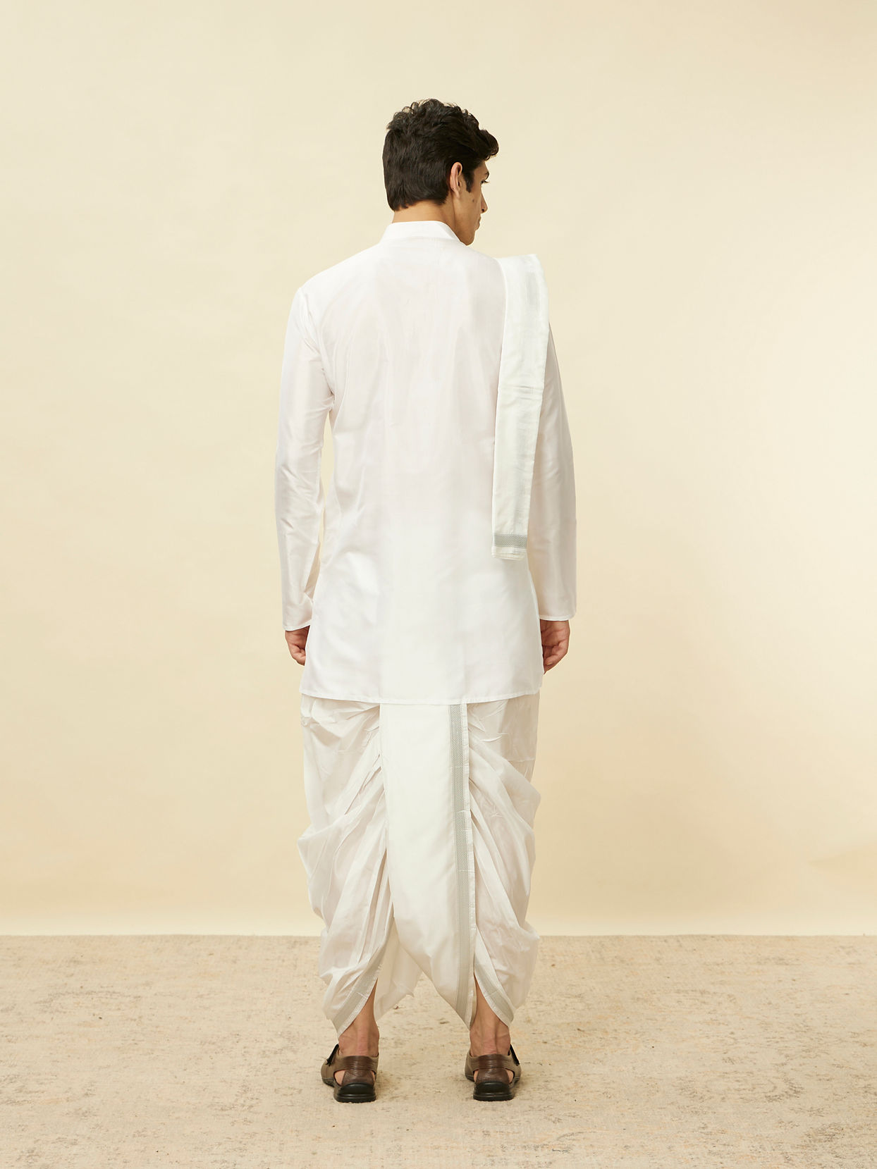 Manyavar Men Warm White Zari Detailed Traditional South Indian Dhoti Set