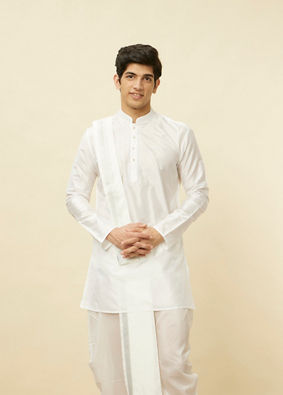 Manyavar Men Warm White Zari Detailed Traditional South Indian Dhoti Set