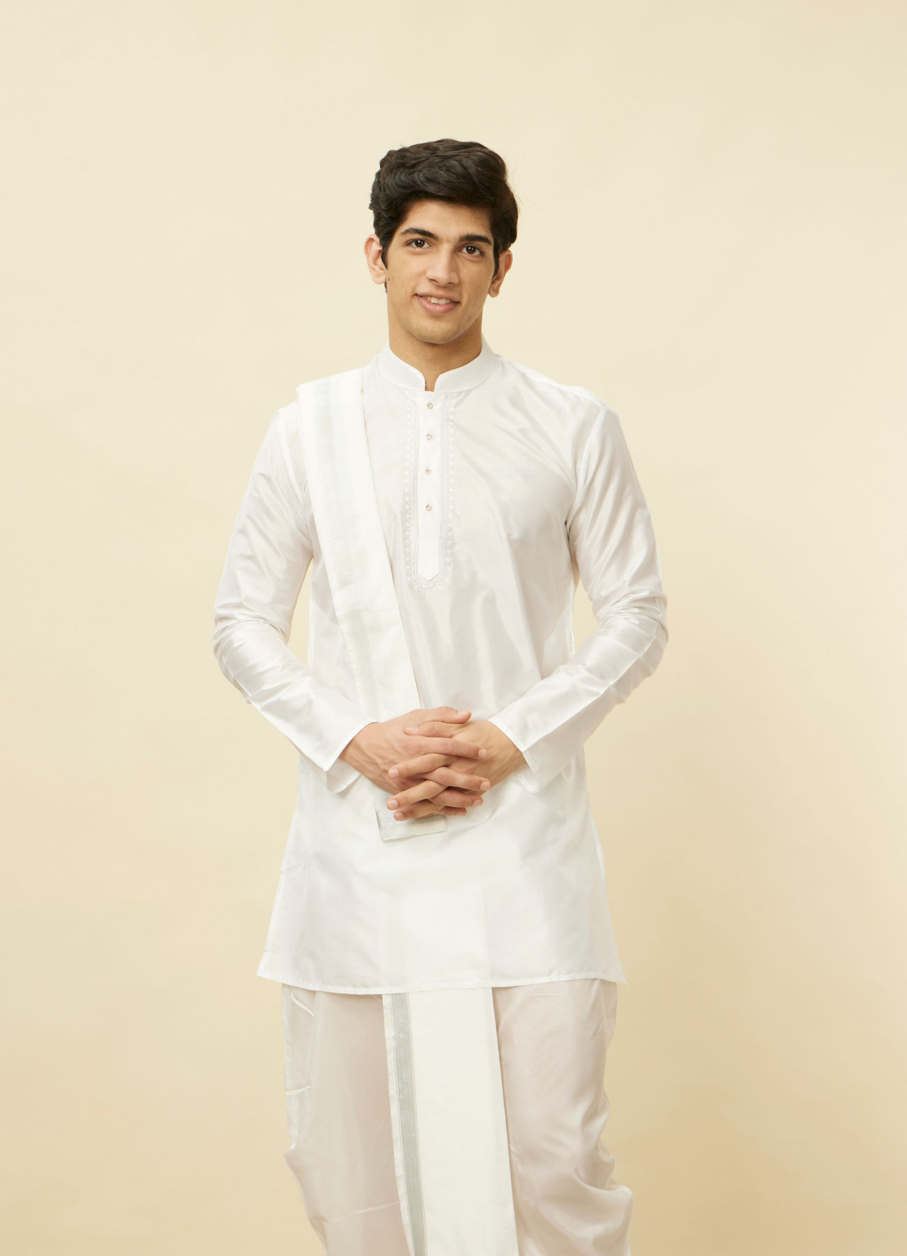 Manyavar Men Warm White Zari Detailed Traditional South Indian Dhoti Set