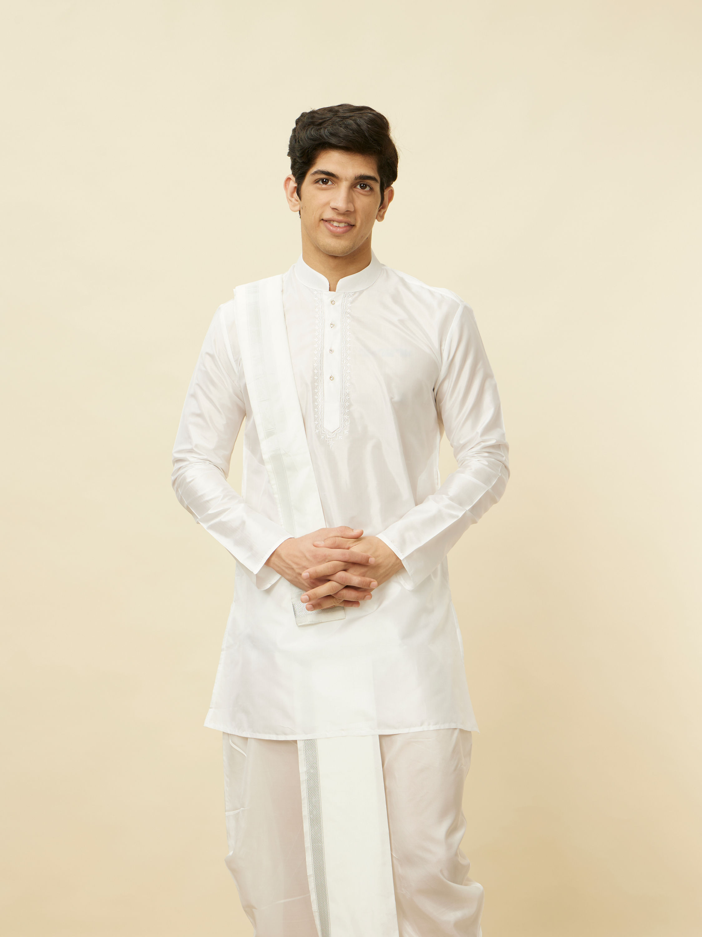 Manyavar Men Warm White Zari Detailed Traditional South Indian Dhoti Set