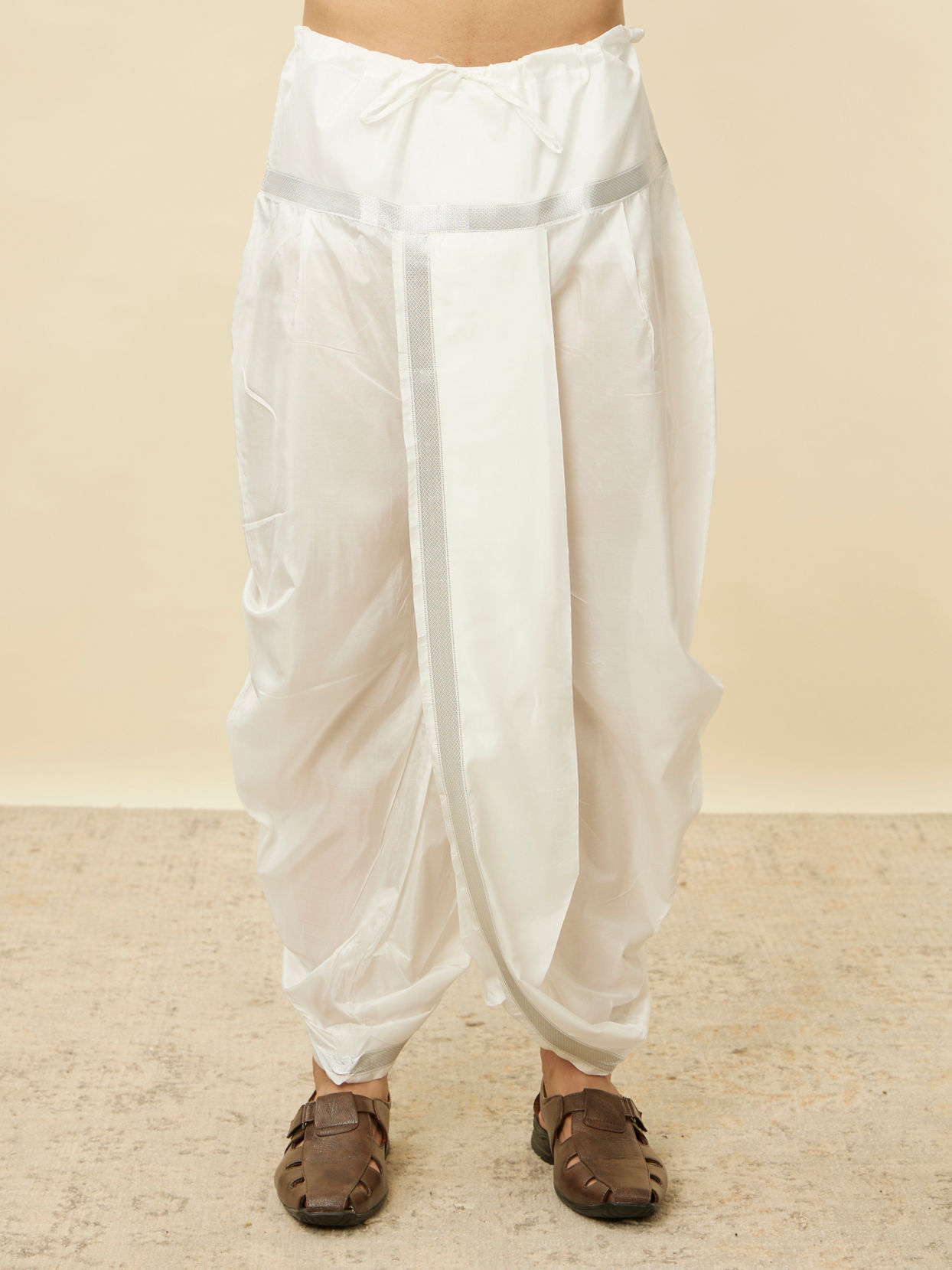 Manyavar Men Warm White Zari Detailed Traditional South Indian Dhoti Set