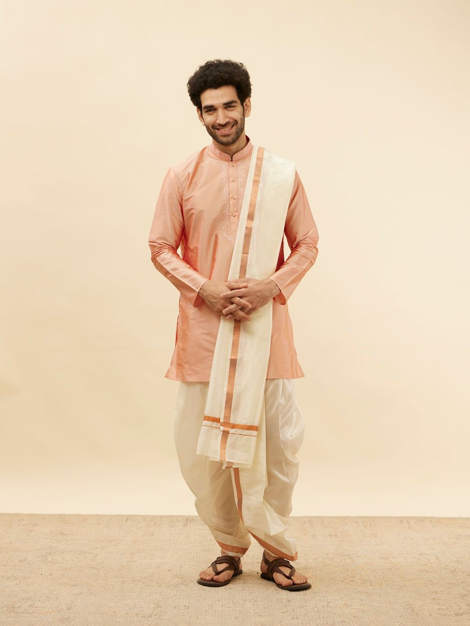 Manyavar Men Melon Peach and Cream Zari Detailed Traditional South Indian Pancha Set