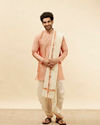 Manyavar Men Melon Peach and Cream Zari Detailed Traditional South Indian Pancha Set