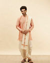 Melon Peach and Cream Zari Detailed Traditional South Indian Pancha Set image number 2