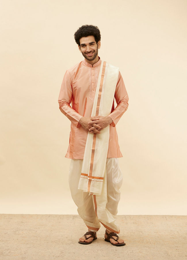 Melon Peach and Cream Zari Detailed Traditional South Indian Pancha Set image number 2