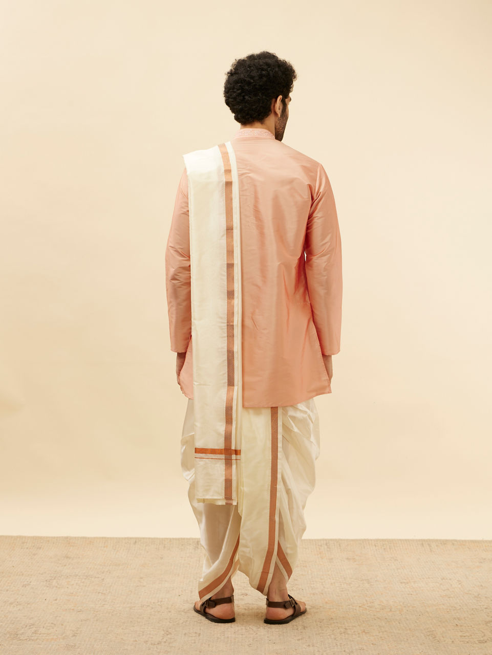 Manyavar Men Melon Peach and Cream Zari Detailed Traditional South Indian Pancha Set