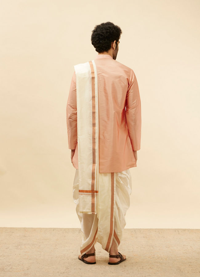 Manyavar Men Melon Peach and Cream Zari Detailed Traditional South Indian Pancha Set