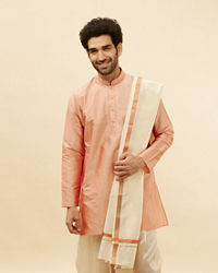 Manyavar Men Melon Peach and Cream Zari Detailed Traditional South Indian Pancha Set