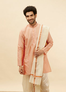 Melon Peach and Cream Zari Detailed Traditional South Indian Dhoti Set image number 0